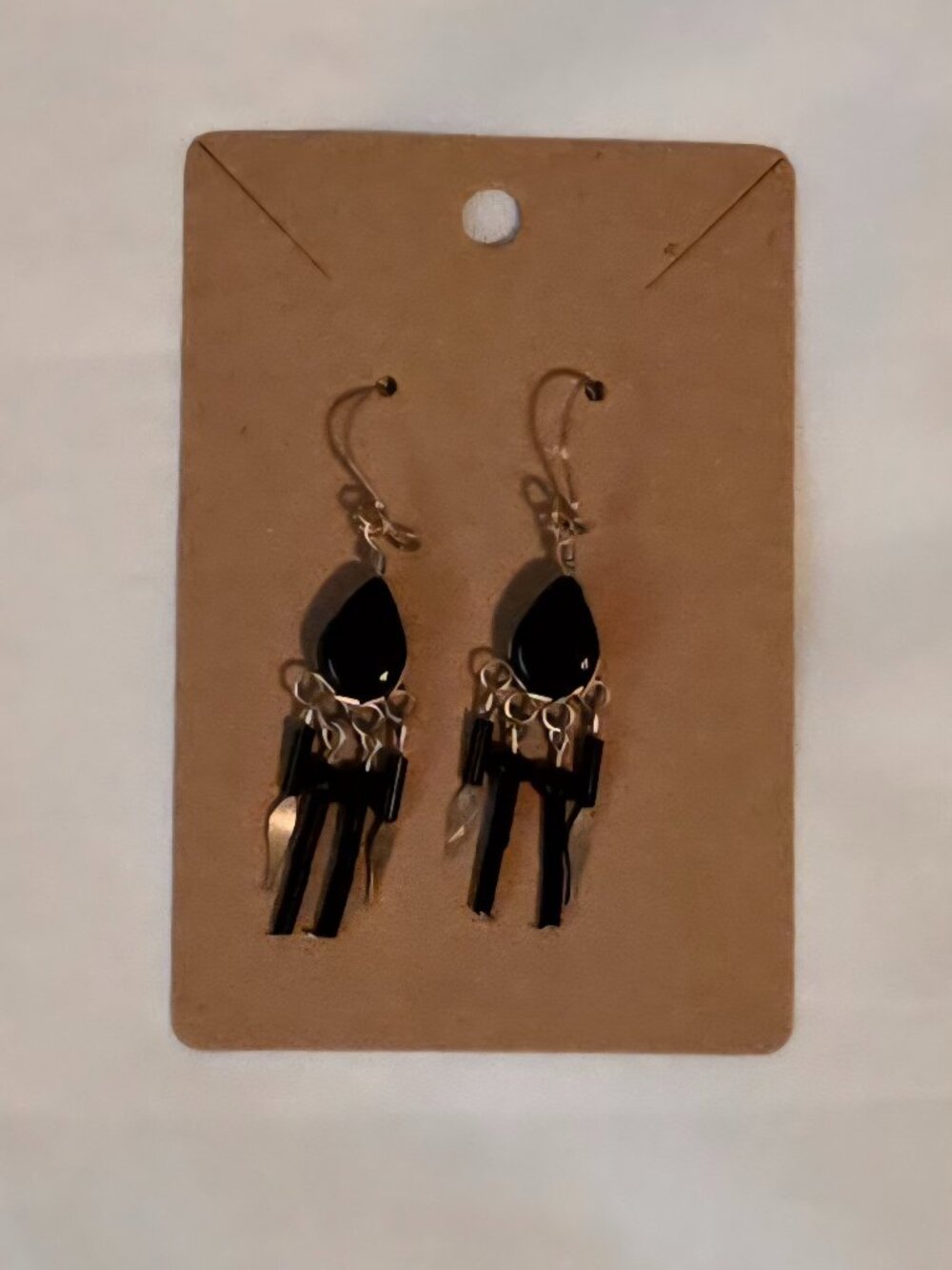 Silver tone dark purple glass bead handmade dangle earrings